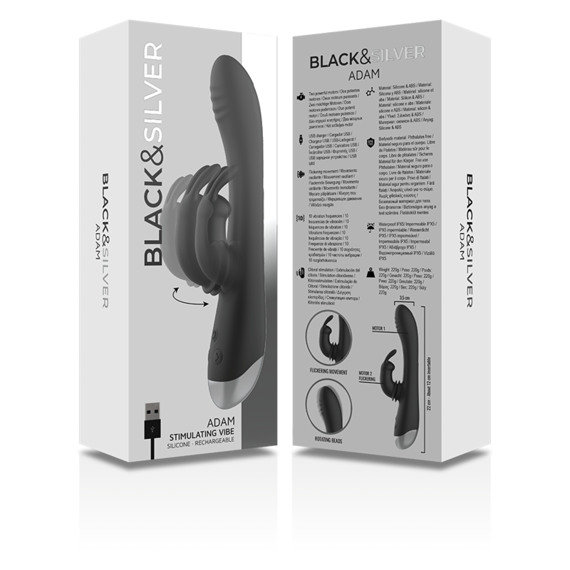BLACK&SILVER - DJ. ADAM ESTIMULADOR RABBIT SILICONA RECARGABLE NEGRO - Imagen 2