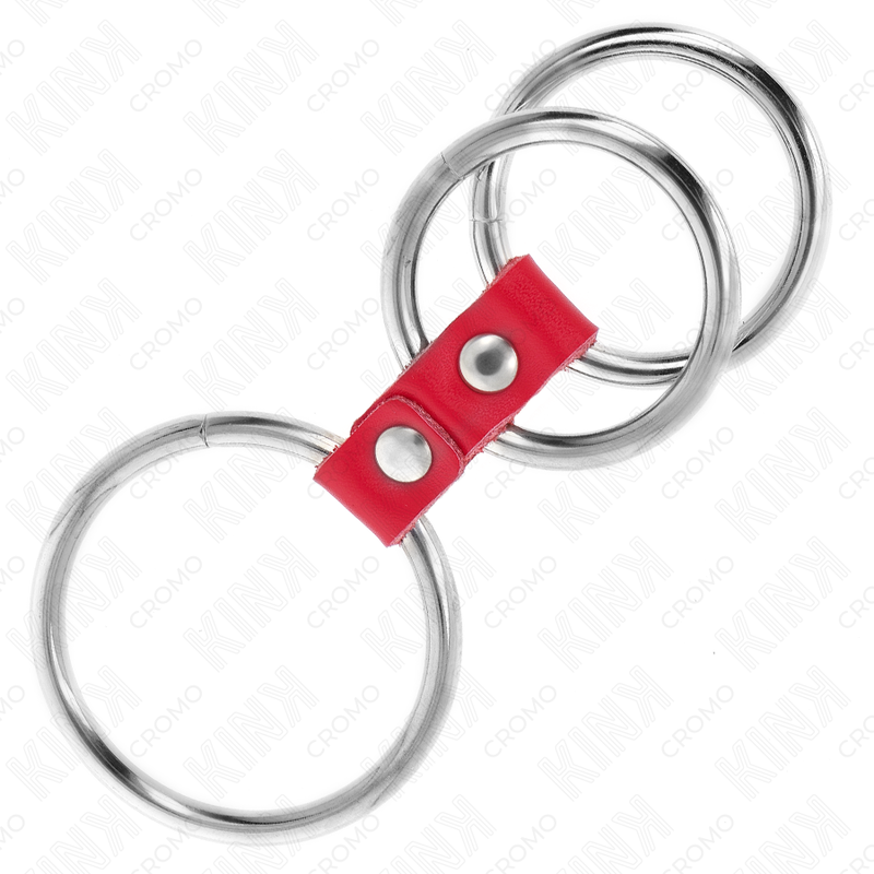 KINK - ANILLO PENE TRIPLE METAL 3.7 CM A 5 CM CONECTADOS CON CUERO ROJO - Imagen 2