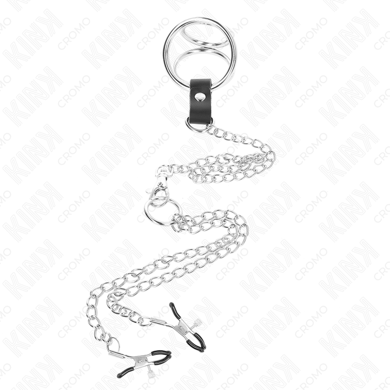 KINK - ANILLO PENE TRIPLE METAL CROMADO 3.8 CM A 5 CM CON CADENA METAL 26 CM Y PINZAS PARA PEZONES MODELO 1 - Imagen 2