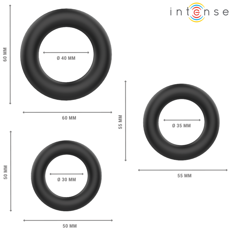 INTENSE - HUGH 3 ANILLOS BÁSICOS PARA PENE SILICONA NEGRO - Imagen 2