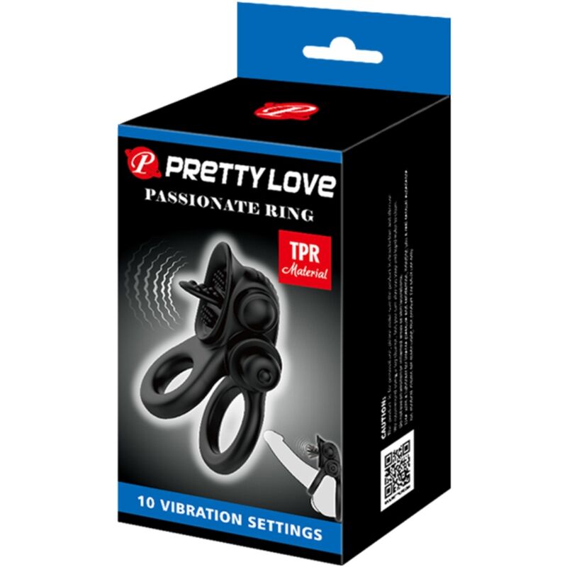 PRETTY LOVE - PASSIONATE RING DOBLE ANILLO VIBRADOR + ESTIMULADOR CLÍTORIS NEGRO - Imagen 4