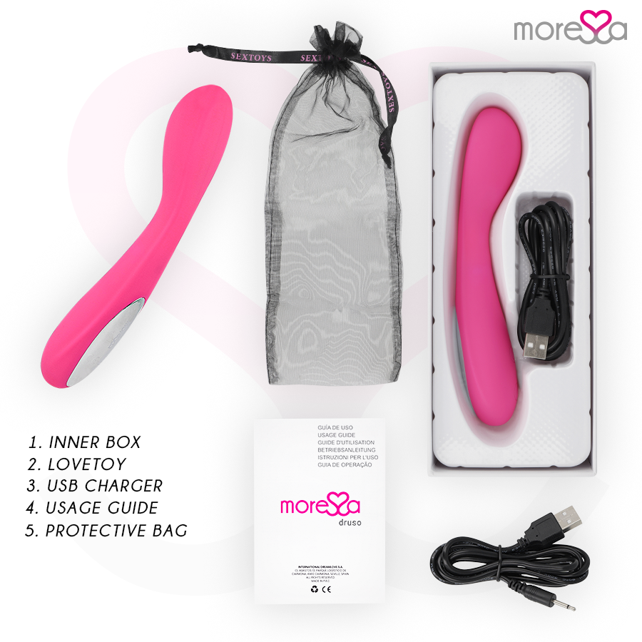 MORESSA - DRUSO MASAJEADOR DUO PUNTO G Y SUERO PELVICO PREMIUM SILICONE RECARGABLE - Imagen 6