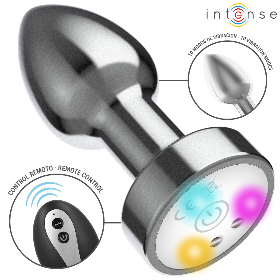 INTENSE - PLUG ANAL TALLA M DE METAL VIBRADOR CON LUCES LED MULTICOLOR Y CONTROL REMOTO - Imagen 2