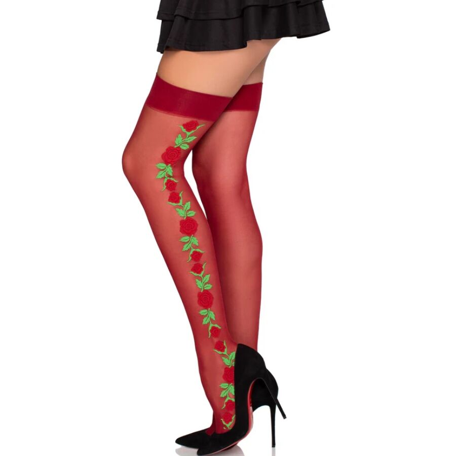 LEG AVENUE - 1957 MEDIAS DE LIGUERO CON FLORES ROJAS - TALLA ÚNICA - Imagen 3