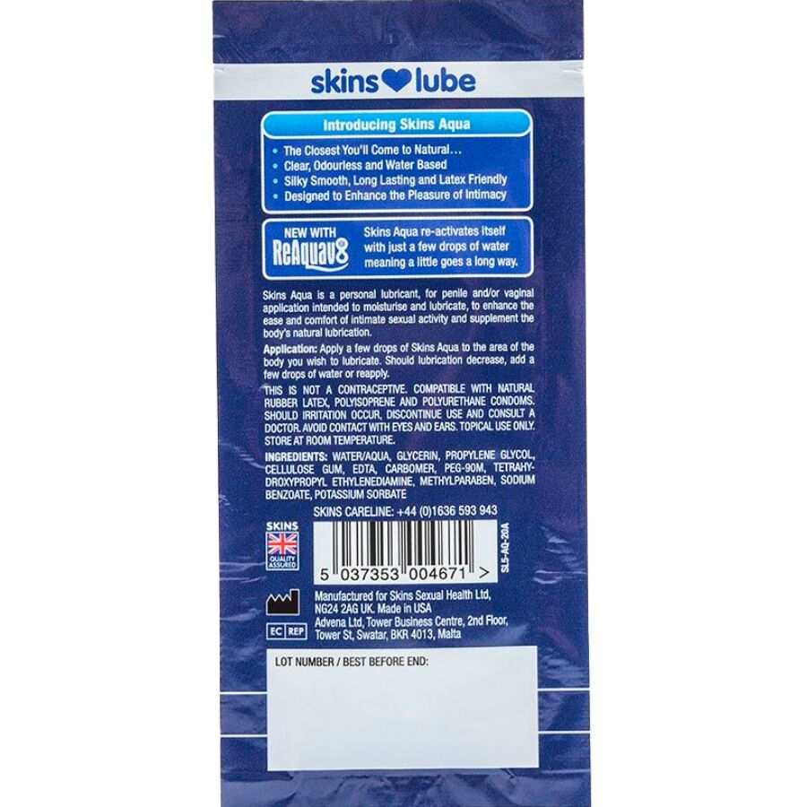 SKINS - AQUA LUBRICANTE BASE DE AGUA MONODOSIS 5 ML - Imagen 2