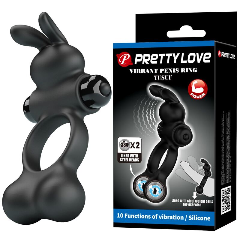PRETTY LOVE - ANILLO VIBRADOR PARA PENE CON ESTIMULADOR DE CONEJITO 10 FUNCIONES NEGRO - Imagen 2
