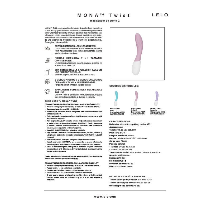 LELO - MONA TWIST VIBRADOR PARA PUNTO G RECARGABLE APP CONTROL LAVANDA - Imagen 10